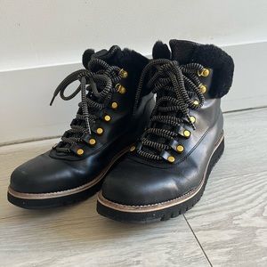 Cole Haan zerogrand Explore Black Boots with Black Fur and gold metal detail 8M